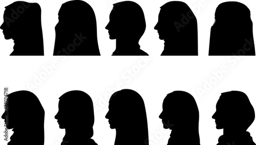 Profile silhouettes of muslim women. Clothes such as hijab, chador, burqa, niqab.