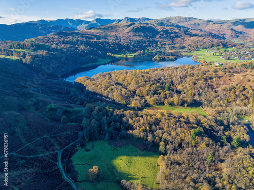 Aerial image of Rydal water lake in the lake district national park  United kingdom on a beautiful autumn day. 