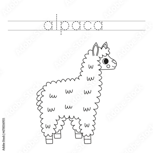 Trace the letters and color cartoon alpaca. Handwriting practice for kids.