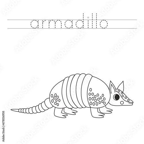 Trace the letters and color cartoon armadillo. Handwriting practice for kids.