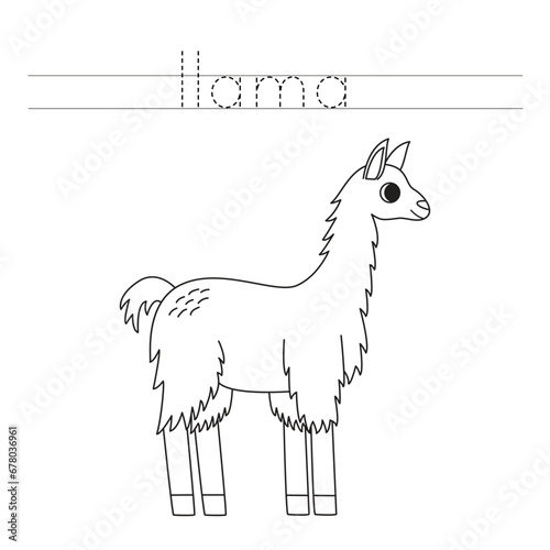 Trace the letters and color cartoon llama. Handwriting practice for kids.