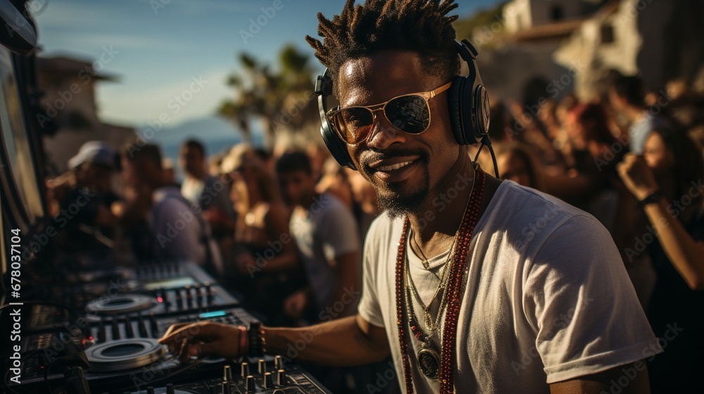On a tropical beach, a dark-skinned DJ performs for a boisterous audience. on a tropical beach, a dark-skinned DJ spinning tunes for an enthusiastic audience.. On a tropical beach, a dark-skinned DJ performs for a boisterous audience. on a tropical beach, a dark-skinned DJ spinning tunes for an enthusiastic audience..