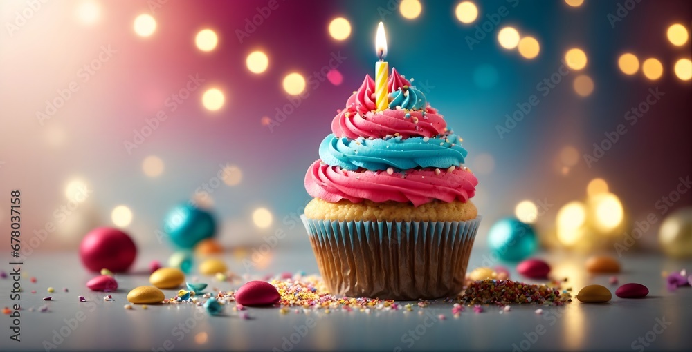 Delicious decorated birthday cupcake with a candle on it created with Generative AI technology Delicious tasty berry cupcake with cream and decorations generative ai


