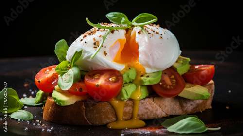 Poached egg on bread with avocado and tomatoes.