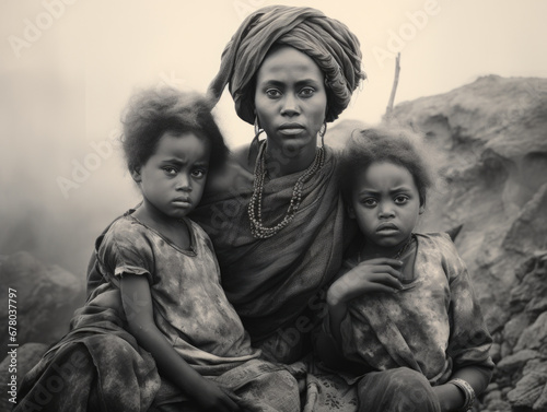 Portrait of African mother holding her little children. Sepia tone