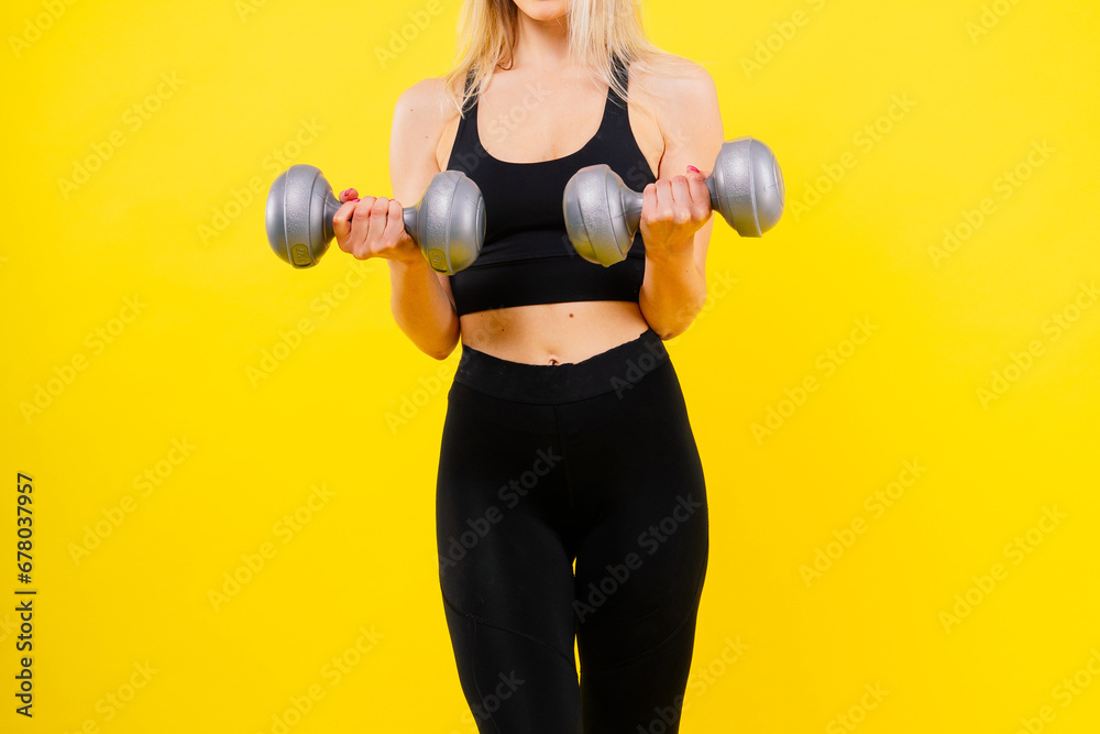 Fitness, workout and woman with weights in a studio for a arm or strength training with motivation. Fitness, workout and woman with weights in a studio for a arm or strength training with motivation.