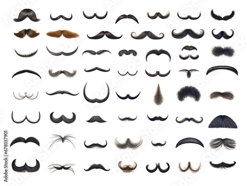 Array of Mustaches in Various Styles and Shapes Isolated on Transparent or White Background  PNG