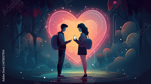 Love in the Digital Era: Embracing Virtual Connections, Video Calls, and Tech-Savvy Romance in a World of Long-Distance Relationships and Global Togetherness through Emoji Hearts, AI Generation photo