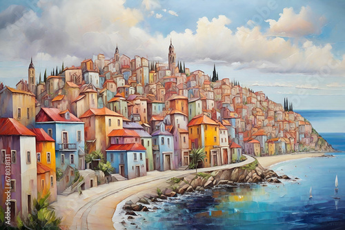 painting panorama of colorful town near the sea photo