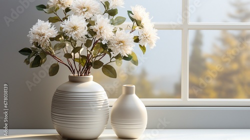 A minimalist interior featuring light white decor and white flowers in pots against a sunny window. Vivid Tone..