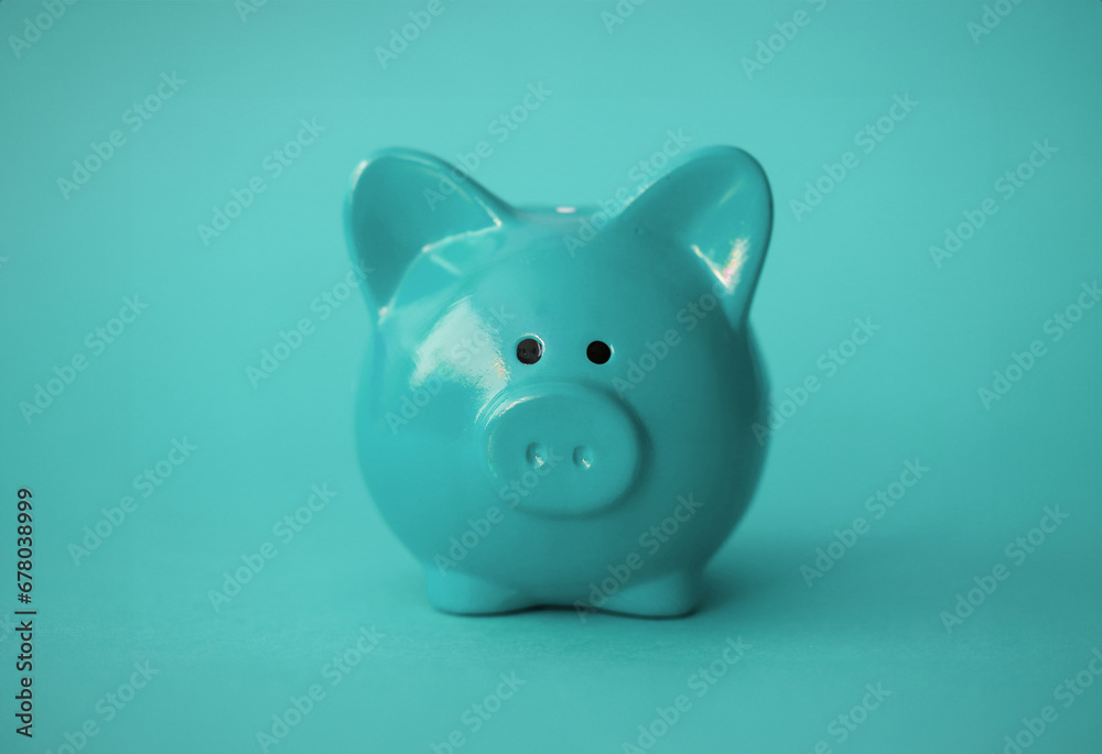 Blue piggy box background. Fast banking credit money concept