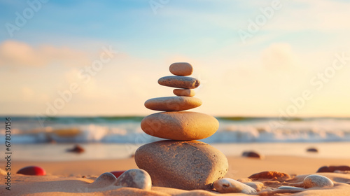 Balanced rock pyramid on beach