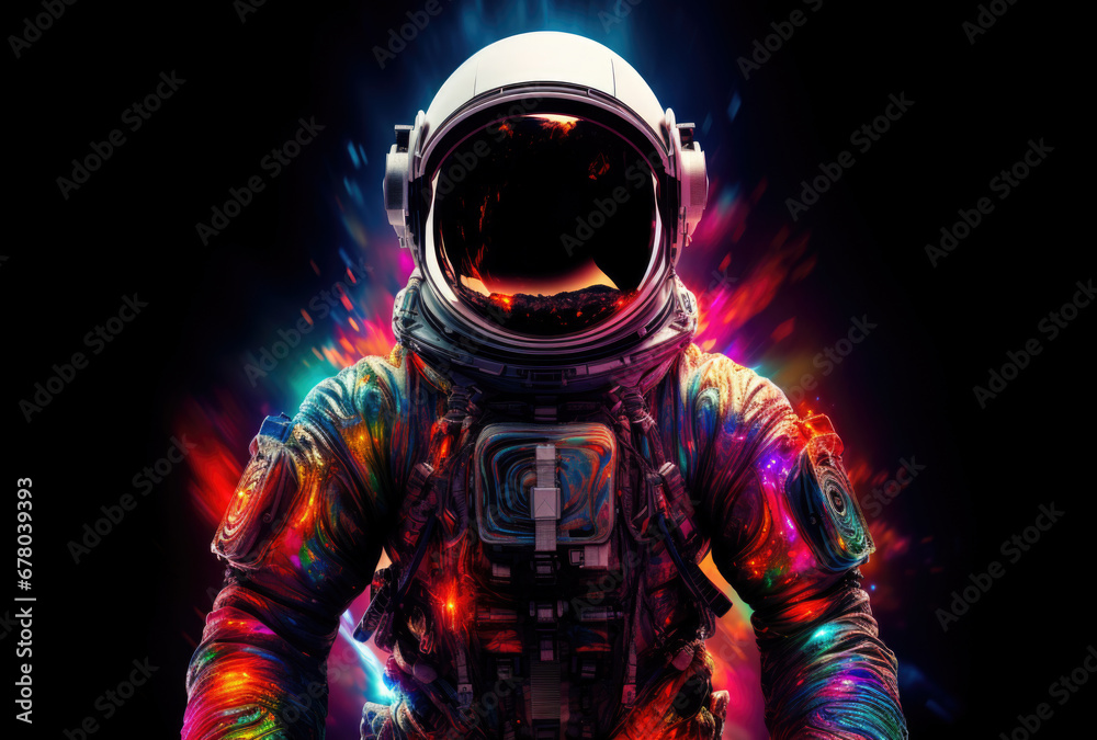 Astronaut stand on space background with stars. Spaceman in spacesuit. Cosmic concept.