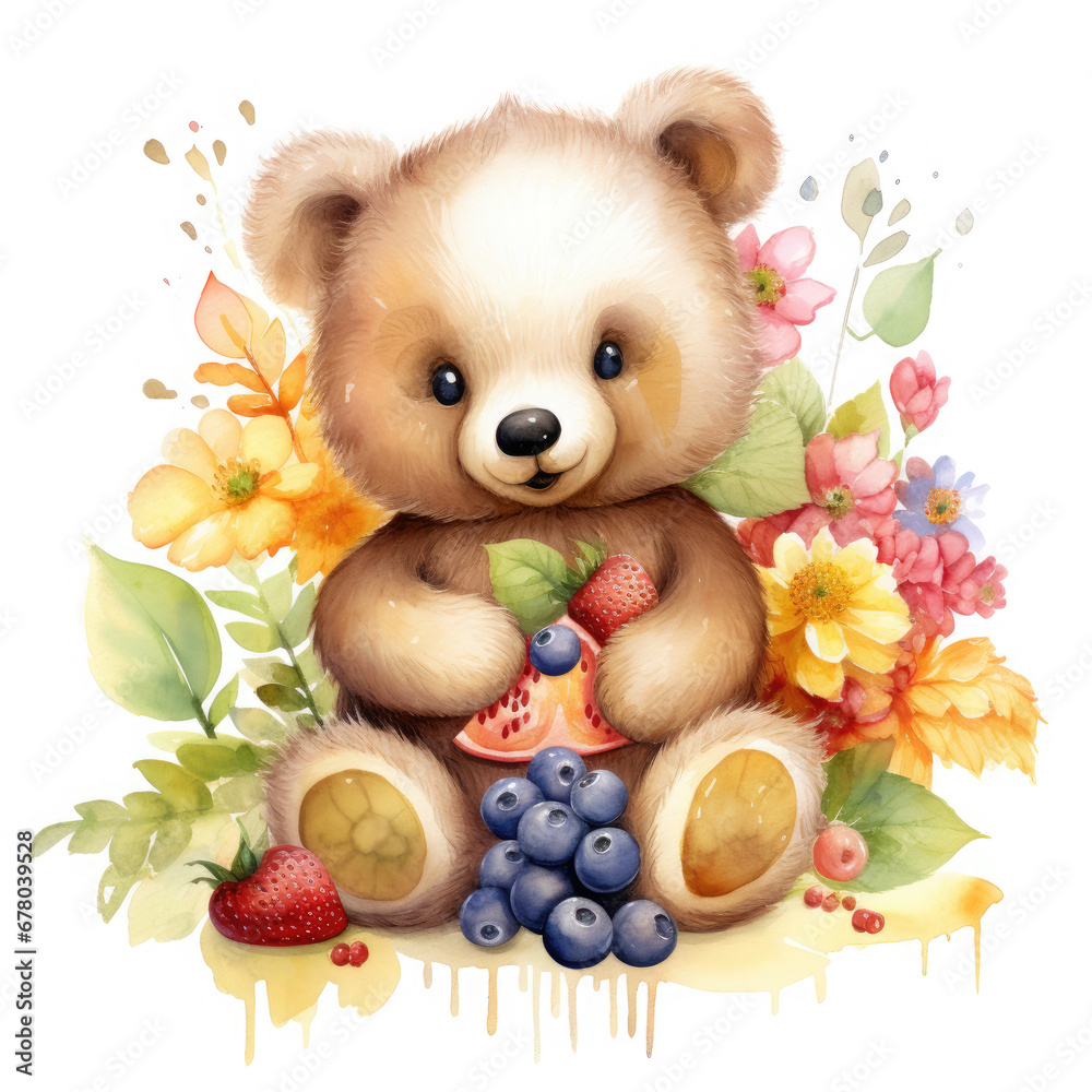 Bear flower and fruits Illustration, Generative Ai Bear flower and fruits Illustration, Generative Ai