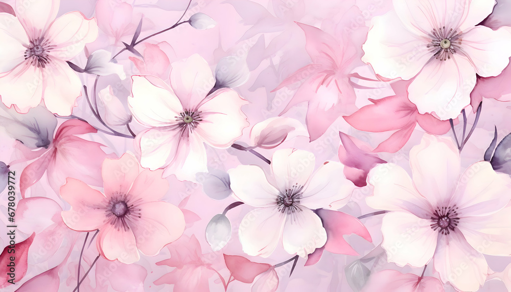 Obraz premium Light purple cherry blossom background. Watercolor illustration wallpaper. Background for decorations. Flower petals background. 
