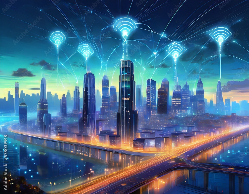 Smart city concept with wireless network connection and cityscape