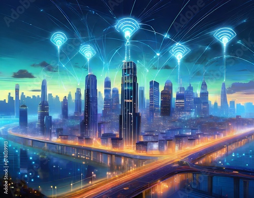 Smart city concept with wireless network connection and cityscape