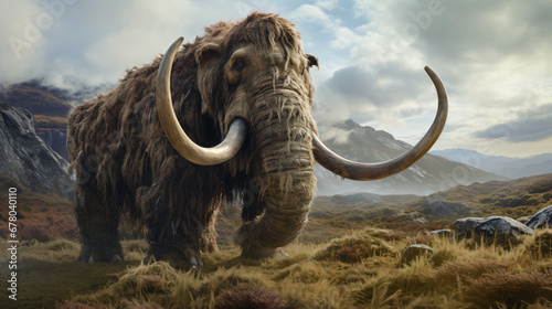Portrait of a woolly mammoth in the highlands