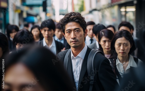 Japanese businessman among people in rush hour going to work in the city