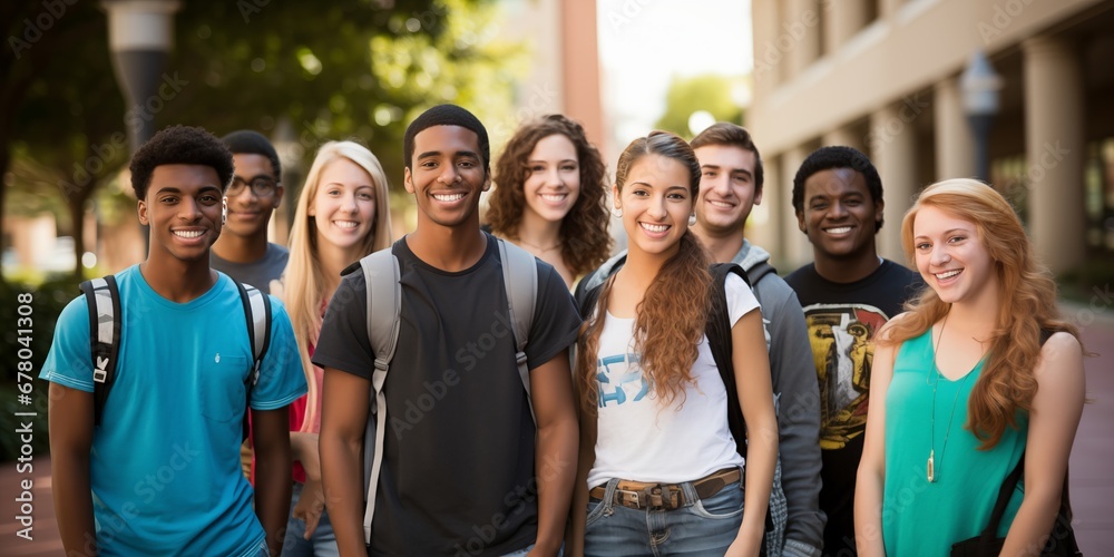 Fototapeta premium Group of diverse and enthusiastic students gather for a portrait capturing the essence of their youthful energy and camaraderie.