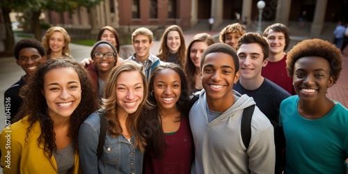 Group of diverse and enthusiastic students gather for a portrait capturing the essence of their youthful energy and camaraderie.