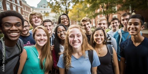 Group of diverse and enthusiastic students gather for a portrait capturing the essence of their youthful energy and camaraderie.