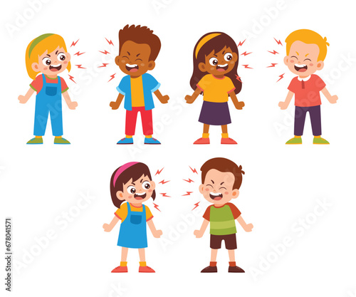 Group of Little Kids Fighting Having an Argument and Bad Communication Skills. Angry Children friendship miscommunication. Activity Isolated Element Objects. Flat Style Icon Vector Illustration