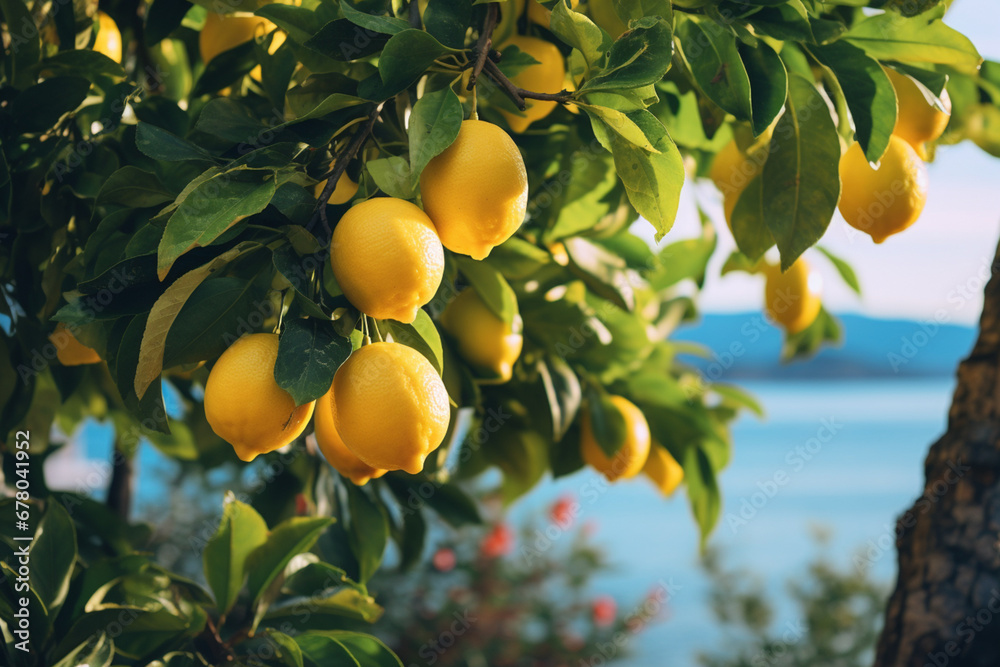 Lemons growing in a sunny garden on a coast, aesthetic look Lemons growing in a sunny garden on a coast, aesthetic look