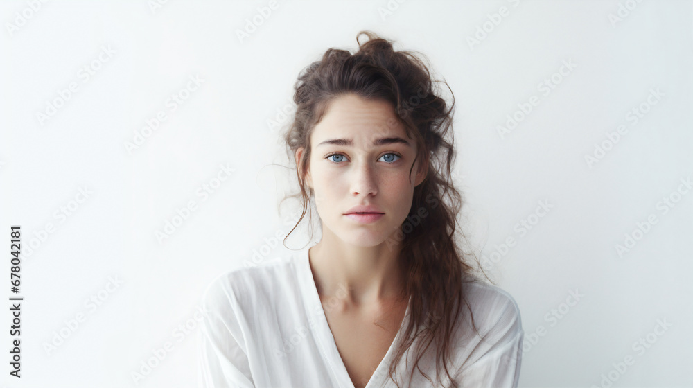 Portrait of a sad caucasian woman on isolated solid white background - obrazy, fototapety, plakaty 