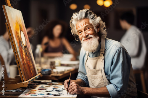 Happy senior man artist enjoying painting activity in studio with her friends