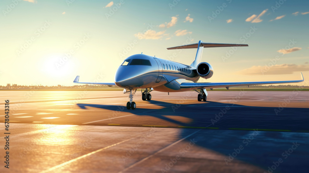 Sleek private jet parked on runway during sunset - obrazy, fototapety, plakaty 