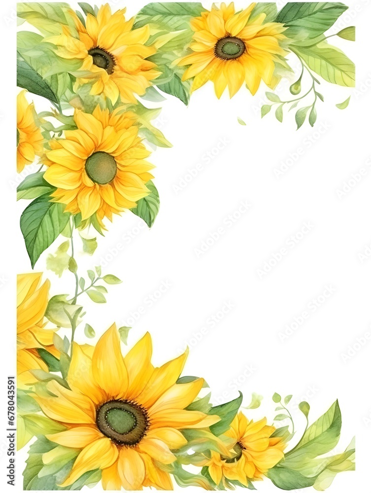 Naklejka premium Sunflower frame. Watercolor floral illustration. Yellow flowers for rustic wedding design. Generative AI