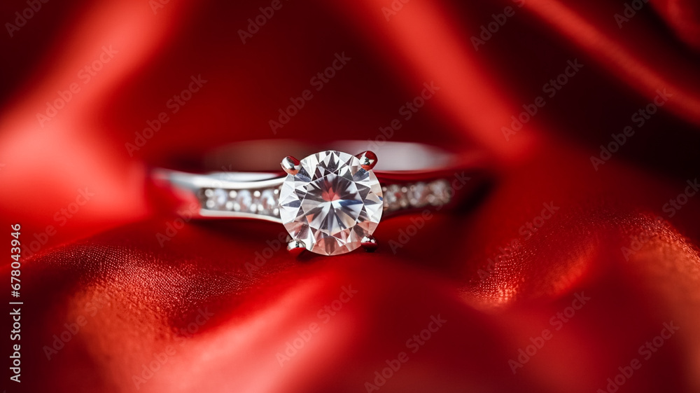 Jewellery, proposal and holiday gift, diamond engagement ring on red silk satin fabric, symbol of love, romance and commitment Jewellery, proposal and holiday gift, diamond engagement ring on red silk satin fabric, symbol of love, romance and commitment