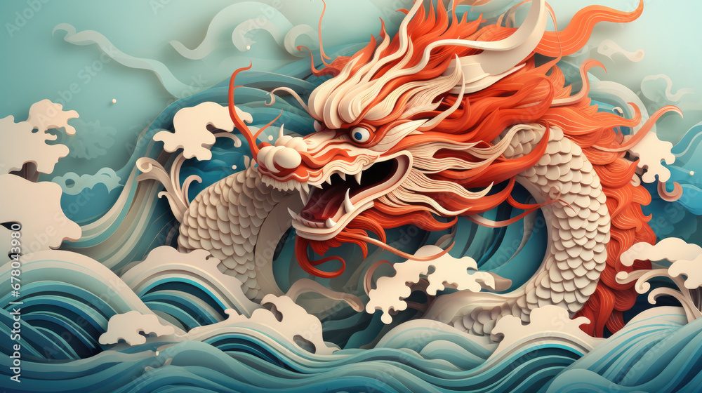 The 3D majestic Chinese dragon totem, swimming on the water, Chinese zodiac signs - obrazy, fototapety, plakaty 