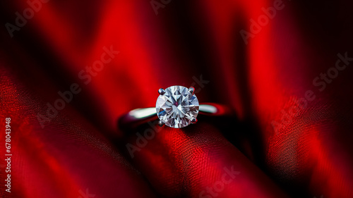 Jewellery, proposal and holiday gift, diamond engagement ring on red silk satin fabric, symbol of love, romance and commitment photo
