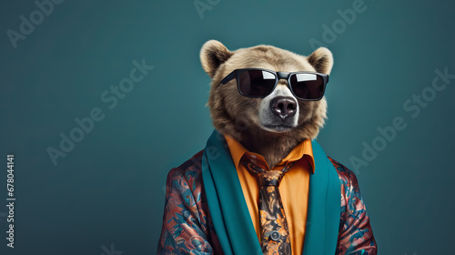 Cool looking bear wearing funky fashion clothes, standing in the studio