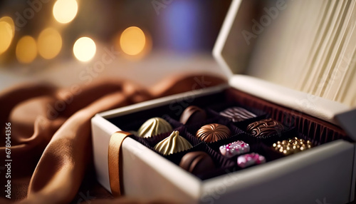 Chocolates and chocolate pralines in a gift box as a luxury holiday present, generative ai photo