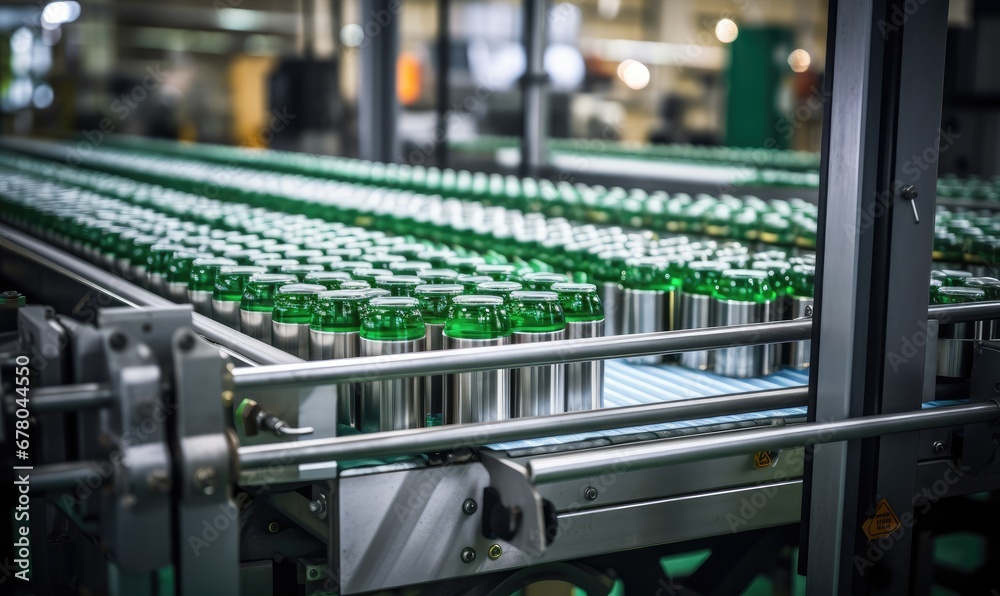 A Vibrant Conveyor Belt Filled With an Abundance of Refreshing, Crisp, and Sustainable Green Glass Bottles