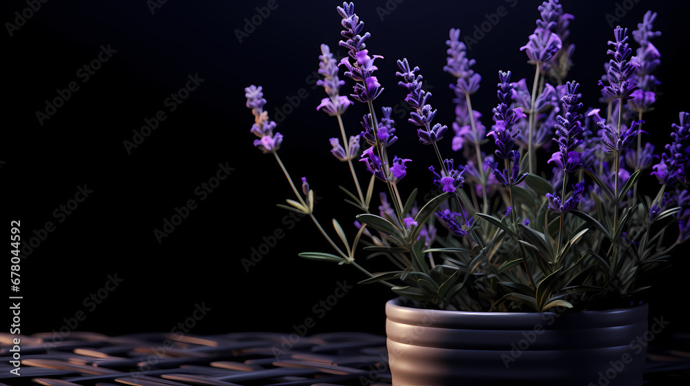 A photorealistic 3D render of purple lavender, with a focus on its soothing and calming effect, set against a matte black background, promoting a sense of tranquility and serene meditation A photorealistic 3D render of purple lavender, with a focus on its soothing and calming effect, set against a matte black background, promoting a sense of tranquility and serene meditation