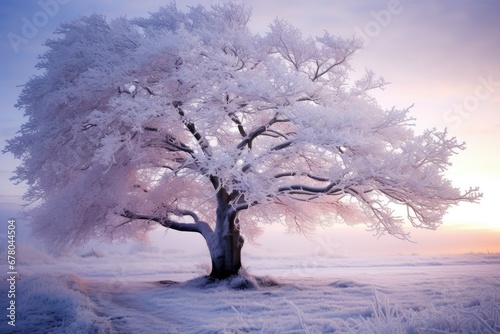 Snowy landscape with a solitary frozen tree photo