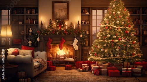 A cozy living room on Christmas Eve, with a beautifully decorated Christmas tree, presents neatly wrapped, and warm, soft lighting creating a festive and heartwarming atmosphere © Raziq