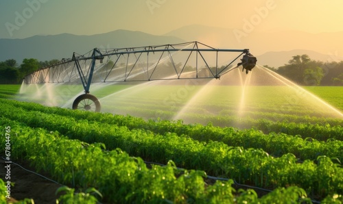 Agricultural Efficiency: Modern Tractor Sprinkling Crops in Lush Field photo