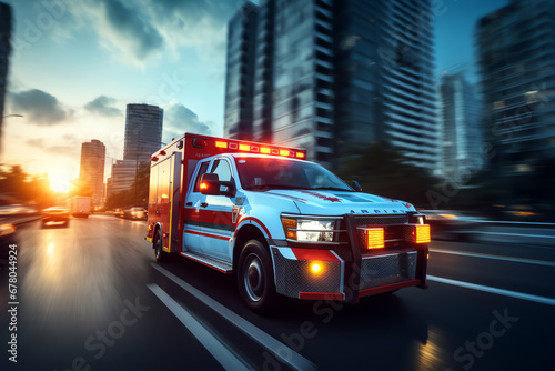 ambulance at sunrise, AI generated photo