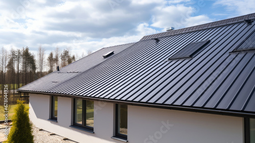 Corrugated metal roof installed in a modern house, view from outdoors photo