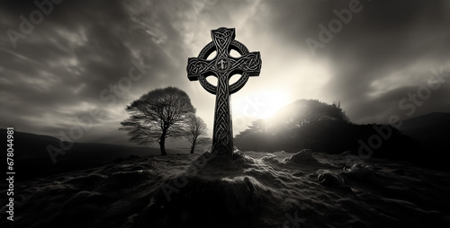 silhouette of a person in a forest, celtic cross evil silhouette black dark night