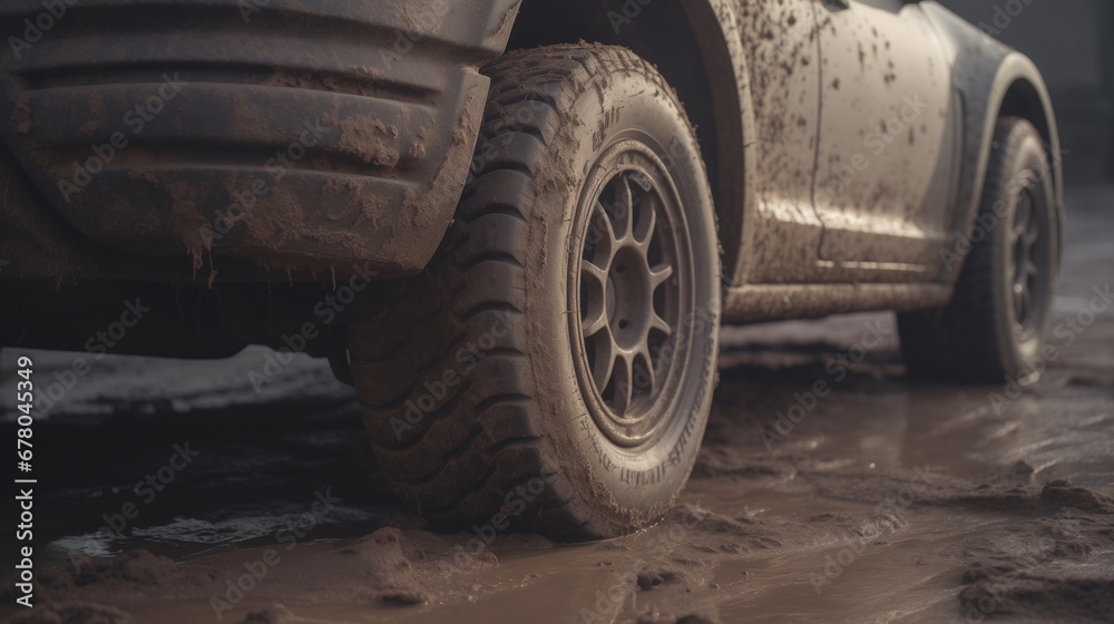 A close-up of a rally car's rear tire fiercely throwing up dirt on the track, taken from a back angle. The deep depth of field and sunlight streaming in the late afternoon enhance the dynamic scene.