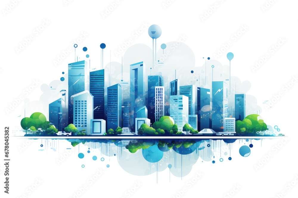 Smart city illustration concept, City scape community internet networking and communication with Cloud technology, white backgroud. - obrazy, fototapety, plakaty 