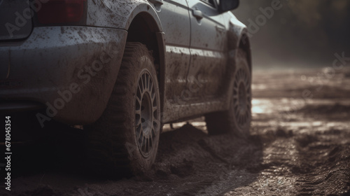 A close-up of a rally car's rear tire fiercely throwing up dirt on the track, taken from a back angle. The deep depth of field and sunlight streaming in the late afternoon enhance the dynamic scene.