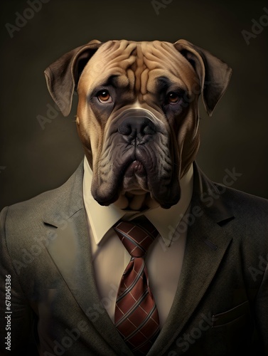 mastiff dressed in a casual suit with nice tie. Fashion portrait of an anthropomorphic animal posing with a charismatic human attitude. Generative AI