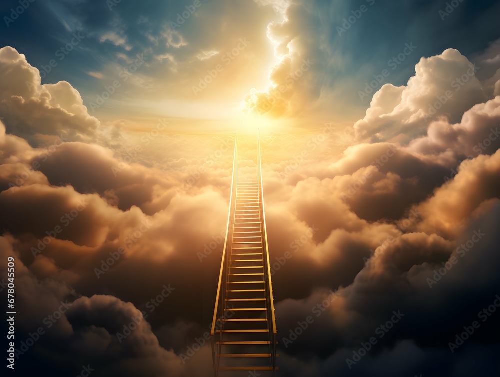 Ladder among to heaven, heavens door. Stairway to heaven. Glory Sunlight and Clouds. Generative AI.